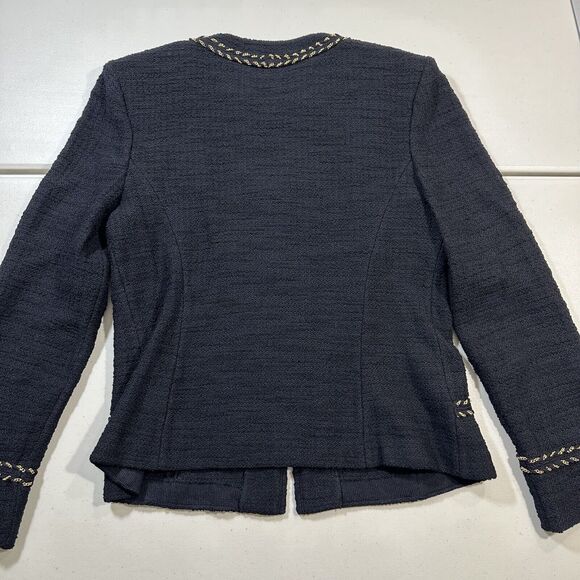 St John Collection By Marie Gray Knit Blazer Size 10 Black Gold Chain Zip Up - Picture 4 of 9